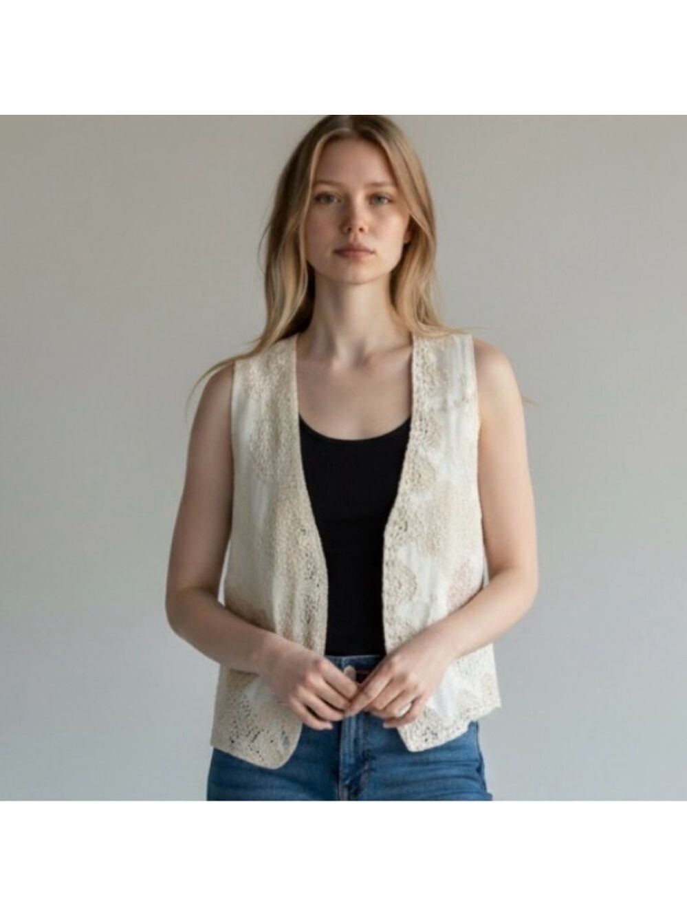 Karen Kane Linen Vest with Crochet/Lace Overlay